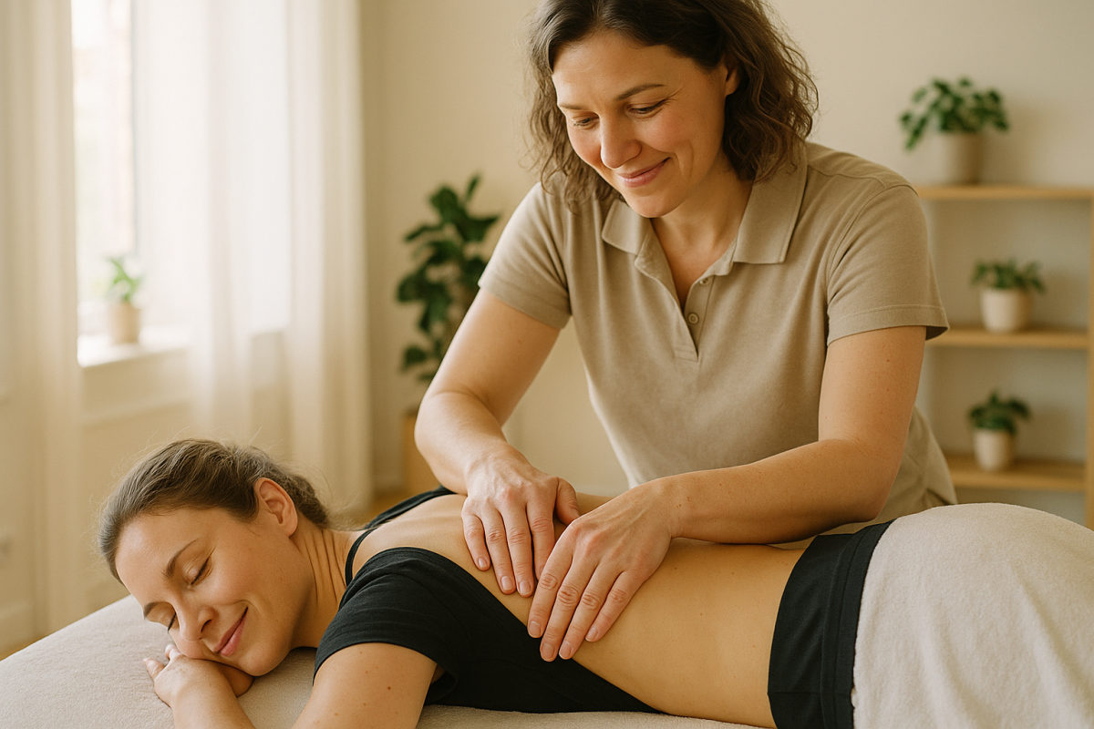 Therapeutin führt sanfte manuelle Faszientherapie am Rücken einer Person durch