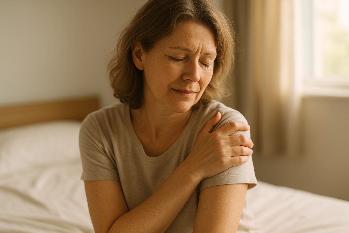 Frau am Morgen hält ihre Schulter, angedeuteter chronischer Schmerz bei Fibromyalgie