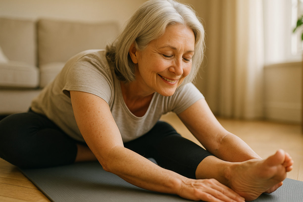 Reife Frau macht auf einer Matte in hellem Raum eine sanfte Yoga-Dehnung