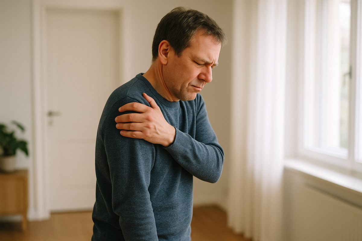 Bekleidete Person fasst sich an die schmerzende Schulter als Hinweis auf eine mögliche Faszienerkrankung wie die Frozen Shoulder