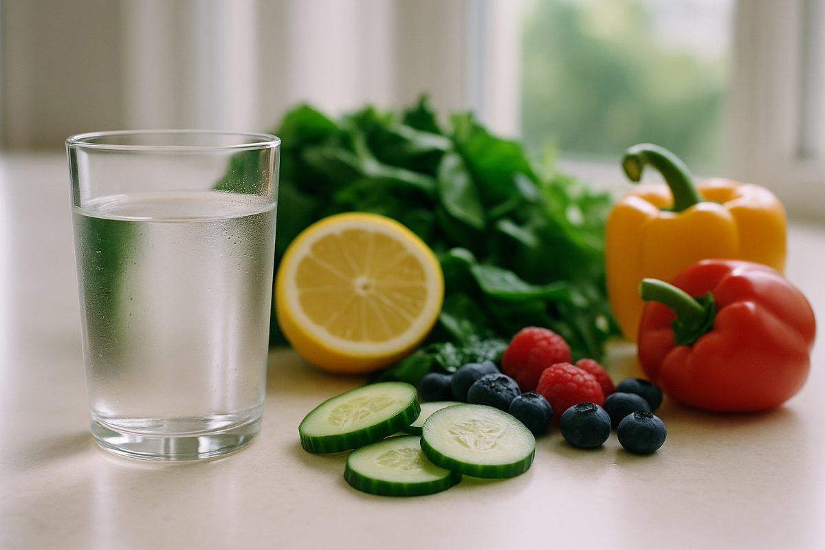 Glas frisches Wasser neben frischem Obst und Gemüse als Basis gesunder Faszienernährung