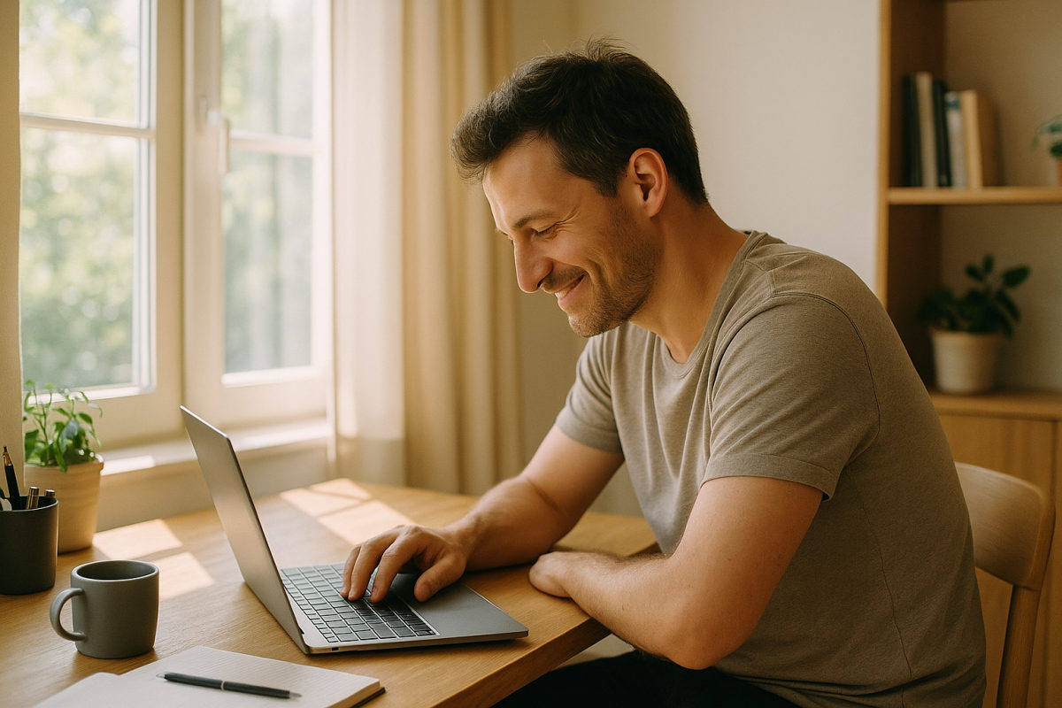 Person sitzt im Homeoffice am Schreibtisch mit verspannter Haltung vor dem Laptop am Fenster.