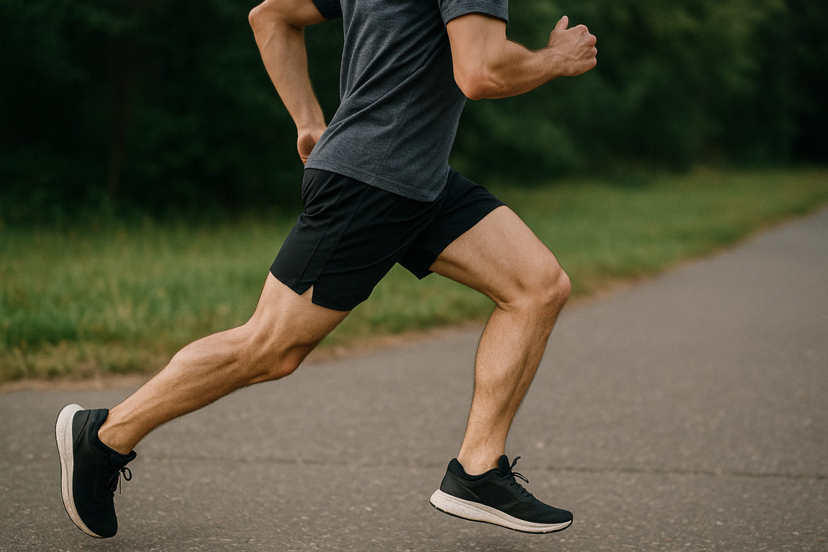Läufer im Bewegungsablauf mit Fokus auf Knie und Oberschenkelaußenseite