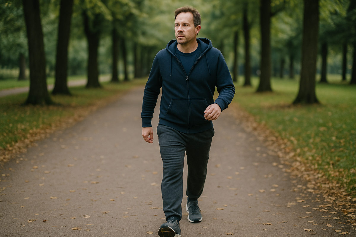 Bekleidete Person macht einen Spaziergang im Park, um die Durchblutung der Beine zu fördern