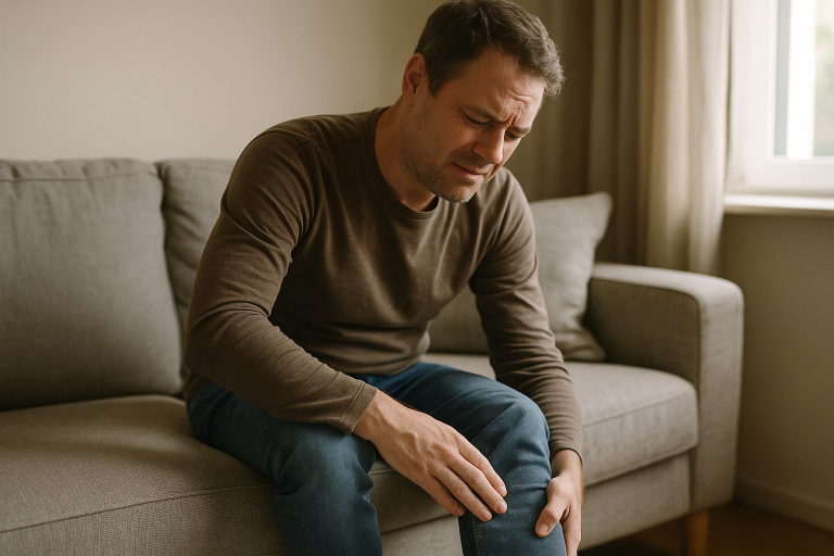 Bekleidete Person sitzt auf dem Sofa und fasst sich an die Wade, weil die Beine kribbeln