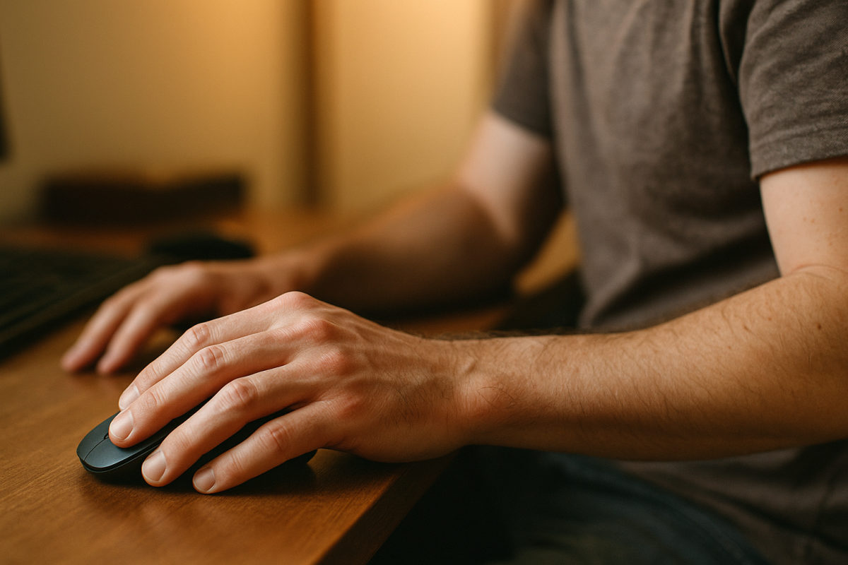 Hand auf einer Computermaus mit leicht abgeknicktem Handgelenk am Schreibtisch
