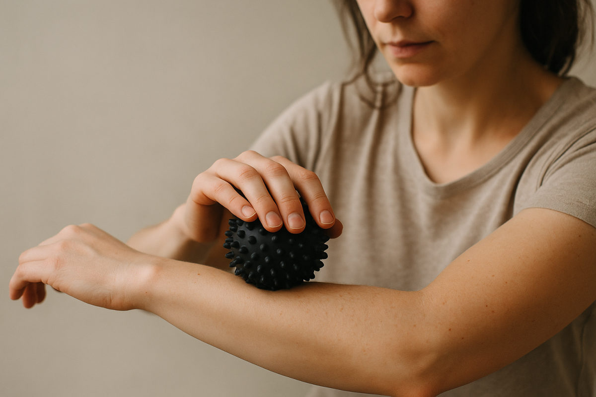 Person massiert den Unterarm sanft mit einem kleinen Massageball
