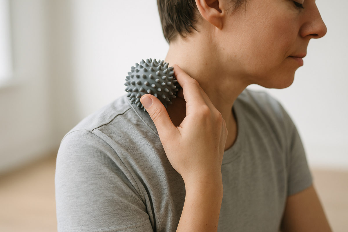 Bekleidete Person behandelt punktuell den Nacken mit einem kleinen Faszienball