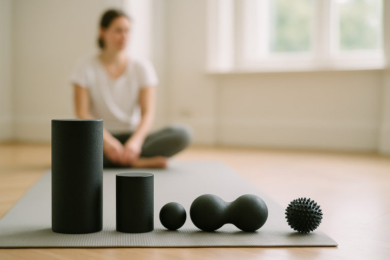 Verschiedene Faszienrollen und Faszienbälle nebeneinander auf einer Matte: klassische Rolle, Mini-Rolle, Faszienball, Duoball und Igelball
