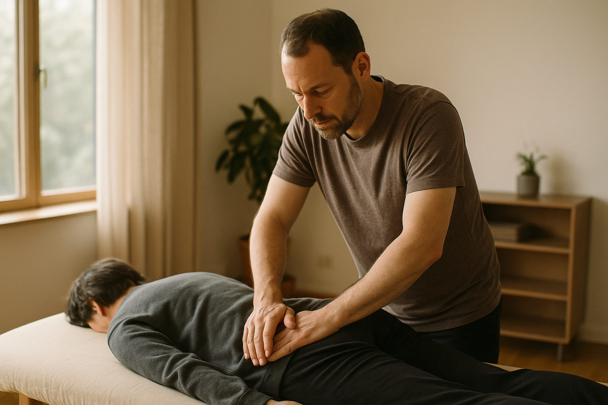 Faszientherapeut behandelt mit gezielten Grifftechniken den Rücken einer bekleideten Patientin auf einer Behandlungsliege