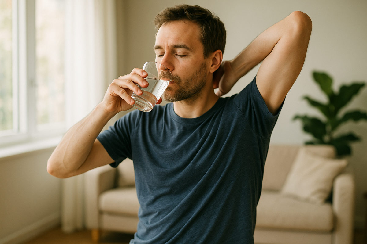 Bekleidete Person dehnt sich und trinkt Wasser als Teil der täglichen Faszienpflege zu Hause
