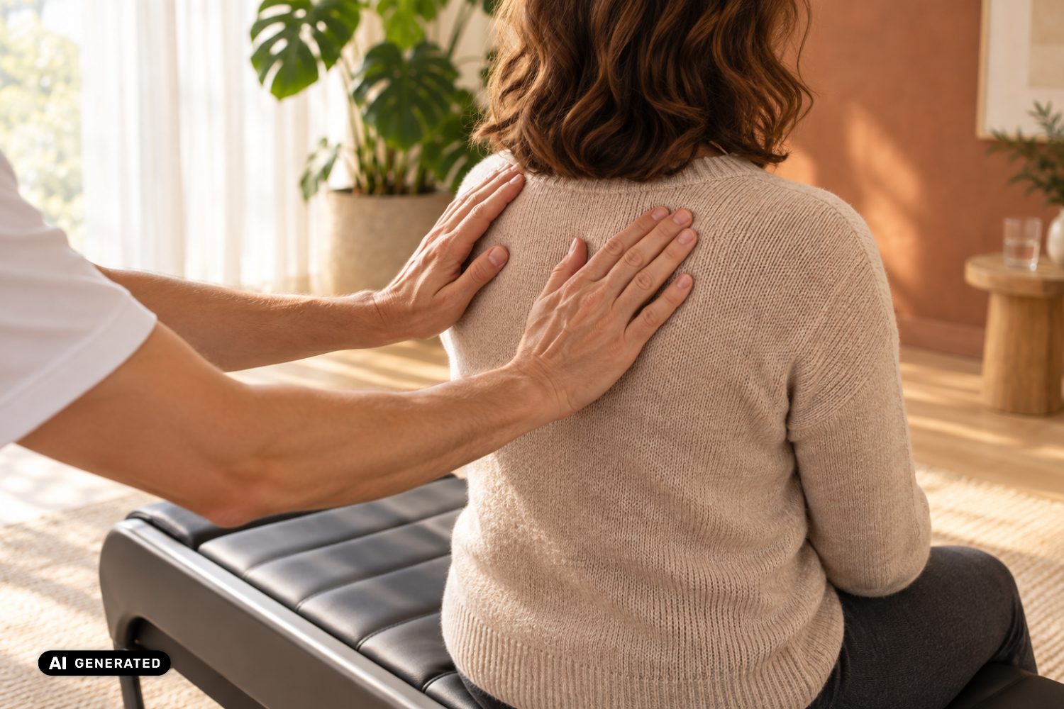 Hände an Schultern und oberem Rücken bei der Einweisung im RÜCKEN-START